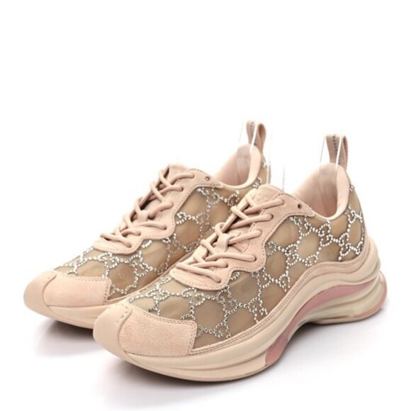 Gucci Tela Retino Mesh Crystal Suede GG Monogram Run Sneakers Light Powder Skin - Picture 1 of 14